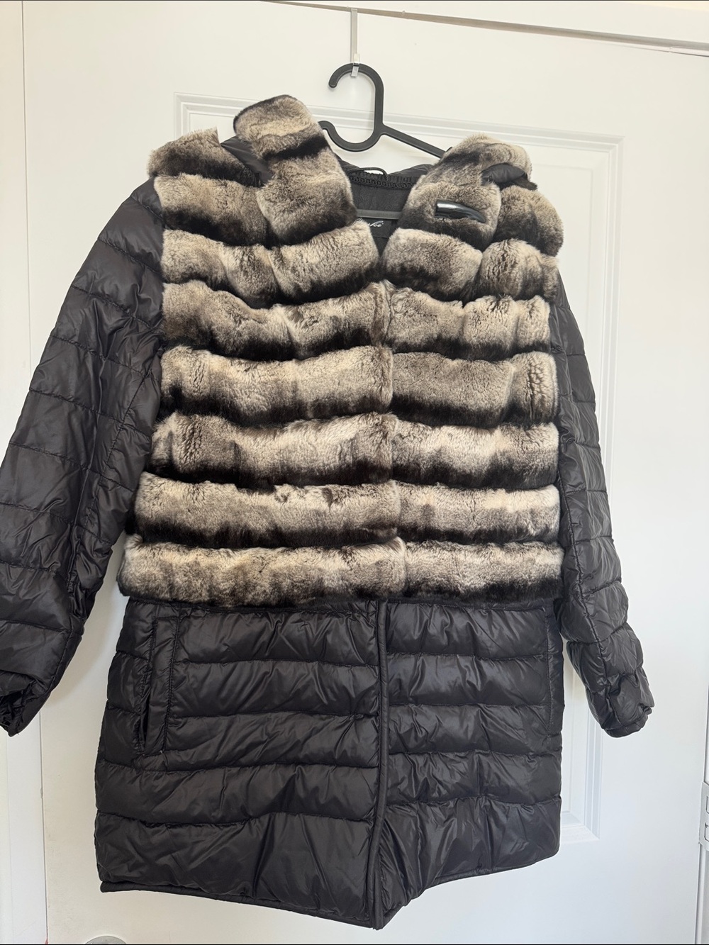 Women's Black Quilted Coat with chinchilla Fur Panel
